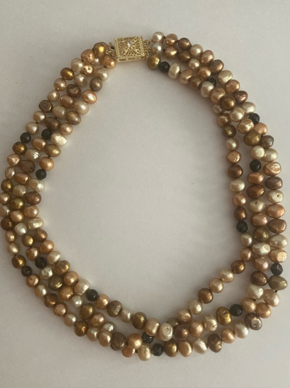 Genuine Multi-Strand Freshwater Pearl Necklace in Champagne and Gold Tones